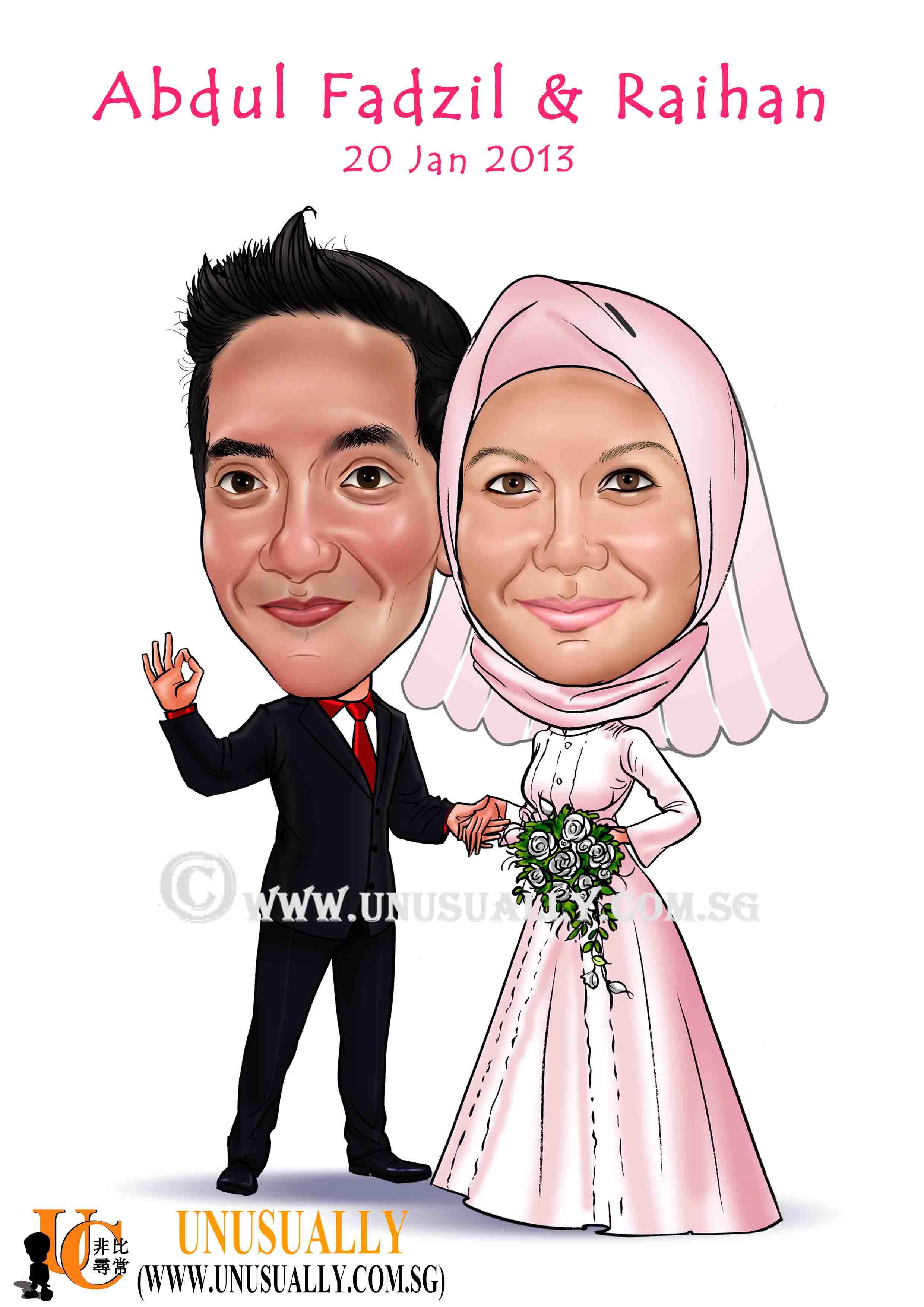 Digitial Caricature Lovely Muslim Wedding Couple Drawing
